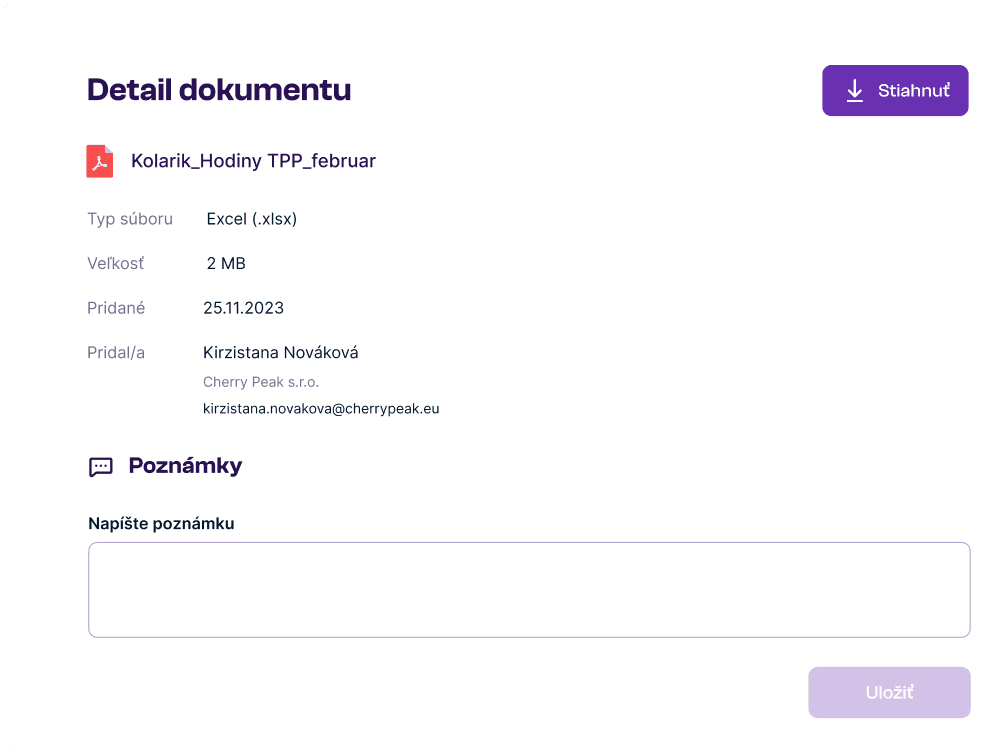 Detail dokumentu s možnosťou pridať poznámku