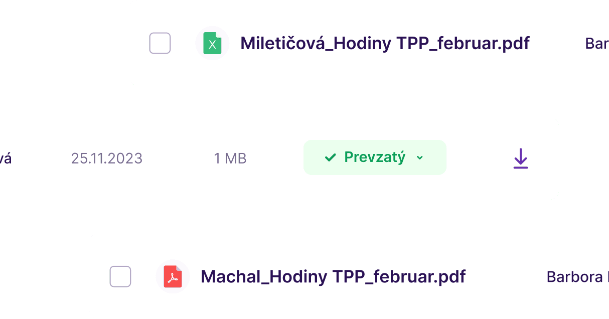Riadky dokumentov so stavom ich prevzatia