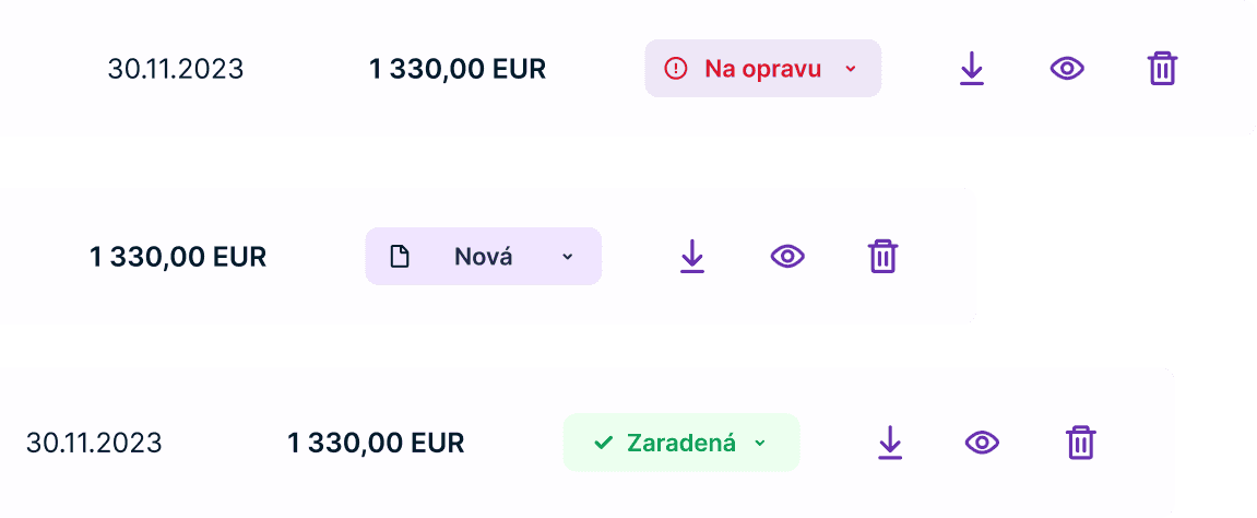 Stavy faktúry – nová, na opravu a zaradená